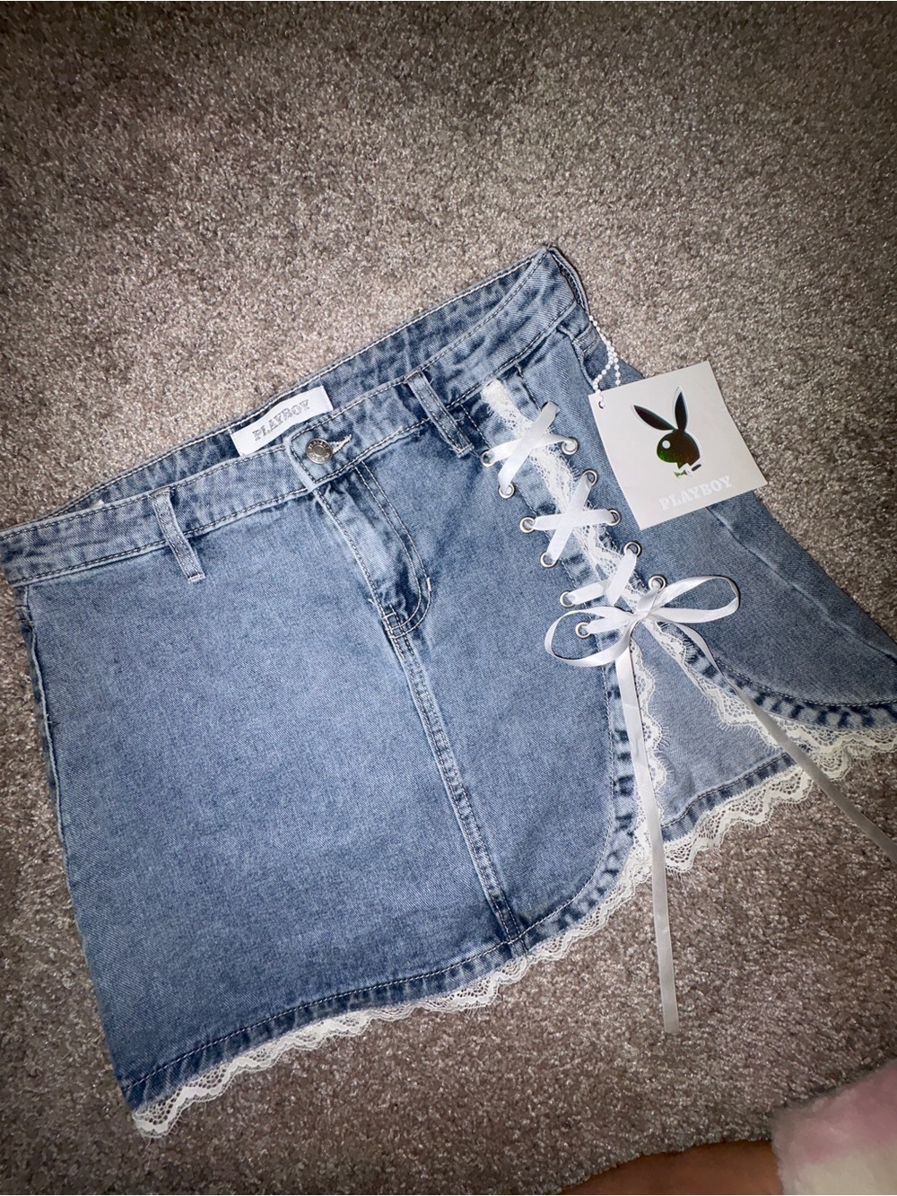 PLAYBOY Light Blue Denim Mini Skirt with White Lace-Up Detail